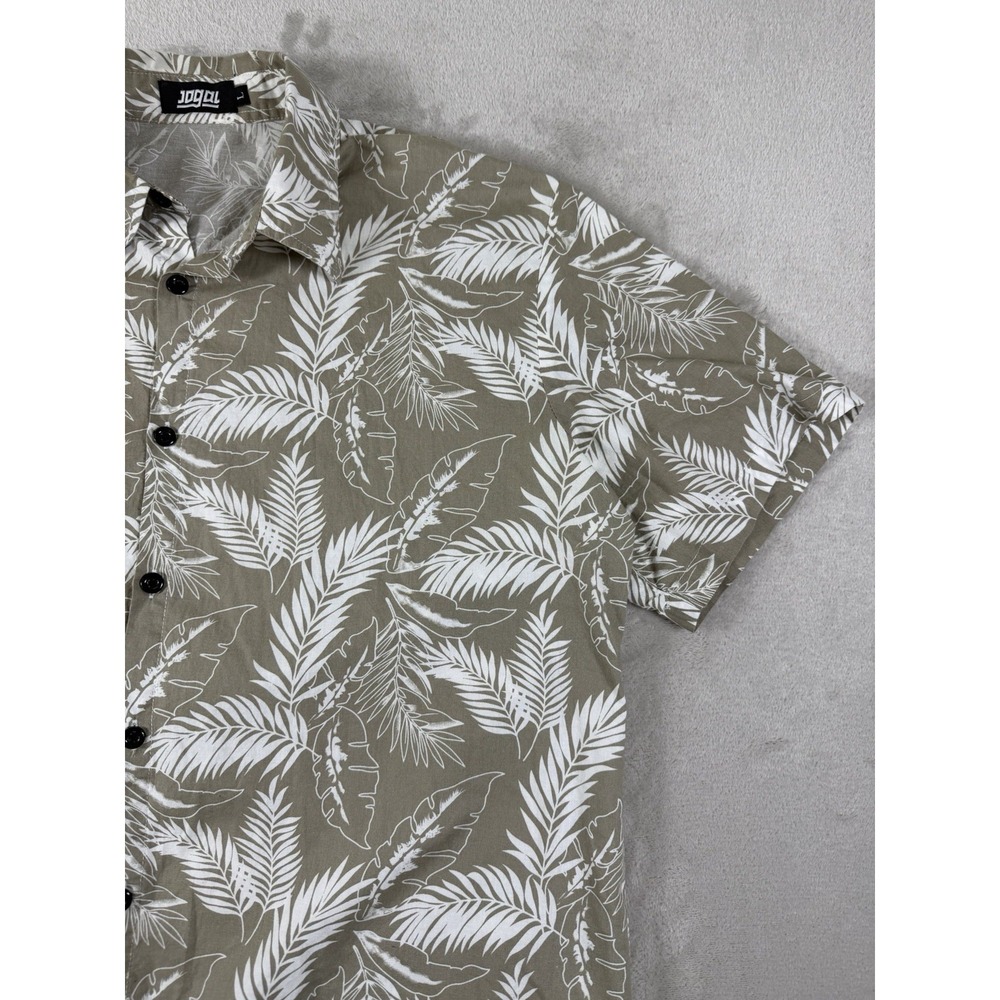 JOGAL Mens L Tropical Leaf Shirt Green White Short Sleeve Button Up 100% Cotton - Picture 8 of 15